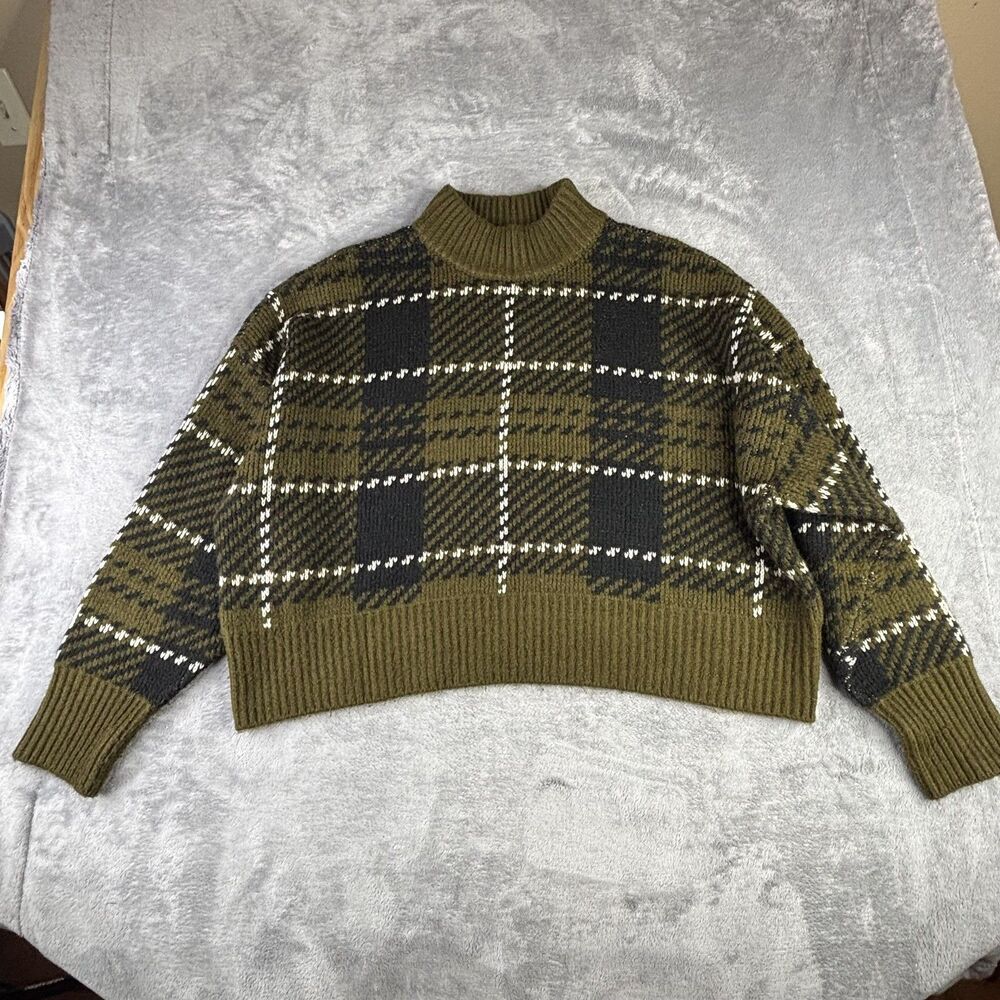 Arizona Jean Co Sweater Womens‎ XL XXL Green Black Plaid Mock Neck Cropped Knit
